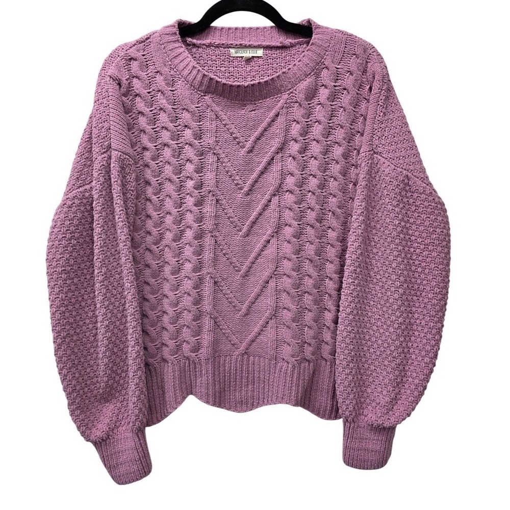 Margeaux & Ellie Mauve Chenille Cable Knit Sweater‎ Balloon Sleeve Purple Large